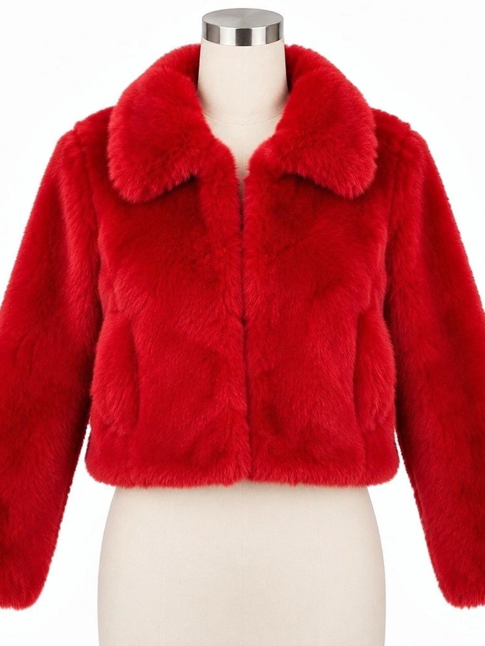 Zara Women’s Size XS Red Faux Fur Cropped Jacket Coat with Pockets